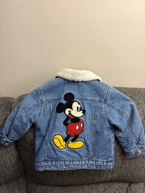 Zara Blue Denim Jacket with Cream Sherpa Collar and Mickey Appliqué
